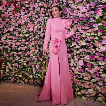Zoete Roze Elegant Satijn Partij Jurken Voor Bruiloft Volledige Mouw Hi Hals Zeemeermin Celebrity Dress Met Handgemaakte Bloemen Lange Jurk