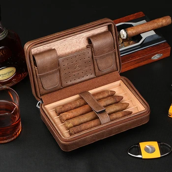 GALINER Lederen Cigar Geval Travel Humidor Cedar Hout 4 Buis Houder sigarenkistje Draagbare Accessoires Sigaar Humidor Box