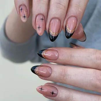 24pcs Dark Star franse Valse Nagels met ontwerpen Pink Sparkle druk op de nagels kort amandel hoofd nep nagels met lijm voor de zomer