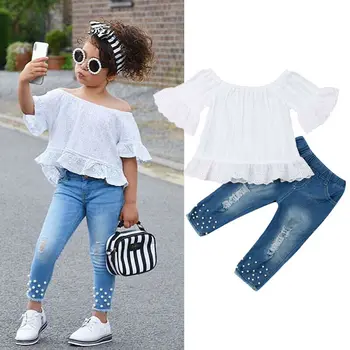 Peuter, Kinderen, Kids, Baby Meisjes Kleding Set Witte Tops T-shirt en Lange Broek Denim Jeans Outfits Stelt 1-6 Jaar