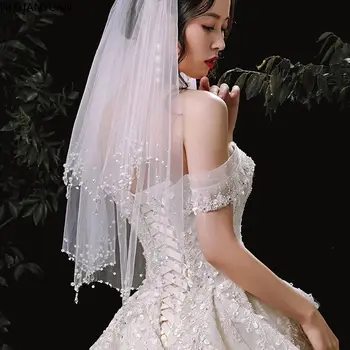 Groothandel Luxe Bruiloft Sluier met Crystal Zijde Korte Twee Lagen Wit Ivoor Tule bruidssluier 2023