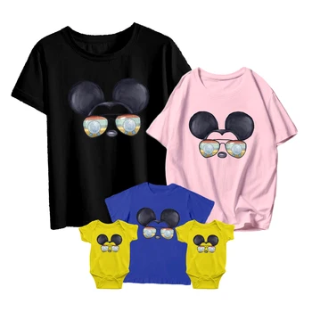 Familie Bijpassende Outfit Disney Dragen Van Een Zonnebril Serie T-Shirt Mickey Mouse Kinderen Korte Mouw T-Shirt Voor Volwassenen O-Hals Baby Romper
