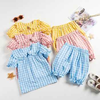 Meisjes Nachtkleding Kleding Sets Zomer 2pcs Plaid geschikt voor Kinderen Homewear Ruche Kraag Shirt en korte Broek Kinderen Pyjama ' s Kleding