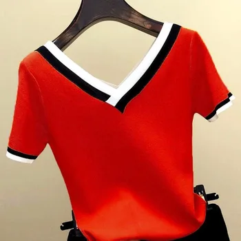 Women ' s V-Hals Korte Mouw Gebreid Shirt in Contrast Kleur Strepen 2023 Zomer koreaanse Kleding Femme Camisetas Mujer