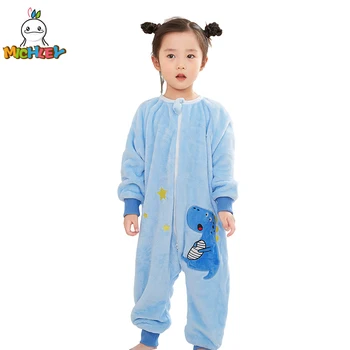 MICHLEY Blauwe Dinosaurus Flanel Baby Kid Slaapzak Winter Nachtkleding Cute Cartoon Bodysuit Sleepsack Pyjama ' s Met Voetjes Jongens Meisje