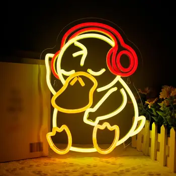Anime Eend Met Koptelefoon Leidene Teken Van Het Neon Cartoon Lichtreclame Kinderen Kamer Neon Licht, Neon Licht Van De Muur Teken Slaapkamer Decoratie