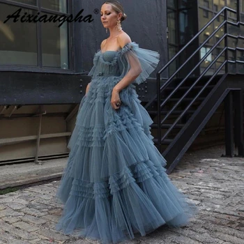 Aixiangsha Dusty Blue Fairy ' s Avonds Jurken Uit De Schouder Korte Puffy Mouwen Gelaagde Vrouwen Couture Prom Robe de Soriee