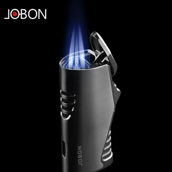 Jobon Triple Fakkel Jet Metalen Aansteker Pijp Aansteker met sigarenknipper Zichtbaar Spiegel Winddicht Vlam Accessoires Gadgets voor Mannen