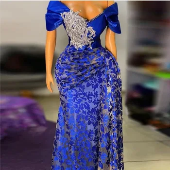 Vintage Lace Aso Ebi Prom Jurken Plus Size Nigeria Afrikaanse Formele Avond Dress Royal Blue Uit de Schouder Lange Partij Jurken