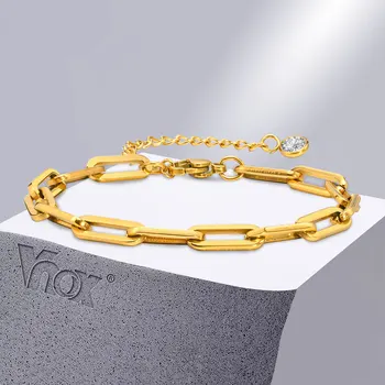 Vnox Hedendaagse Rechthoek Ketting Armbanden voor Vrouwen, de Gouden Kleur Roestvrij Staal Paperclip Links Armband Sieraden