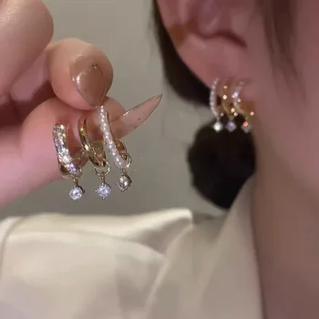 Koreaanse Nieuwe Stijl Zirkoon Pearl Multi-layer Geometrische Oorbellen voor Vrouwen Crystal Bungelen Oorbel Mode-Sieraden Party Gifts