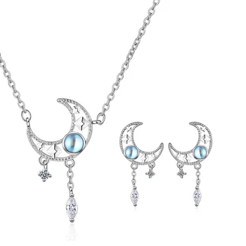 925 Sterling Zilver Crystal Moon Sieraden Sets Voor Vrouwen Fijne Elegante Ketting Stud Oorbellen Gratis Verzending GaaBou Sieraden