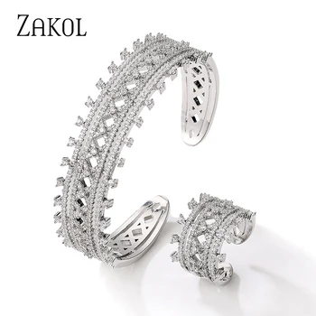 ZAKOL Nieuwe Prachtige Luxe Geometrische Bruiloft Armband Cubic Zirconia Ring Sieraden Sets voor Vrouwen Zilveren Kleur Sieraden Set