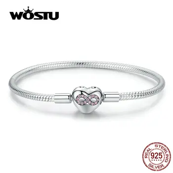 WOSTU Hart van Oneindige Liefde Armbanden 100% 925 Sterling Zilver Roze Zirkoon Charm Bangle Armbanden Voor Vrouwen Mode-Sieraden CQB142