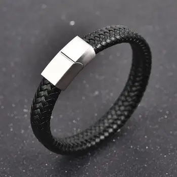 Jiayiqi Mannen Gevlochten Lederen Armband Roestvrij Staal Magnetische Sluiting Fashion Armbanden Mannelijke Sieraden Bruin/Zwart