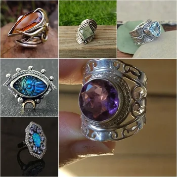 Vintage Zilveren Kleur Breed Gezicht Ringen voor Vrouwen Liefde Hart Blue Zircon Ringen Etnische Bruid Bruiloft Sieraden Party Accessoires