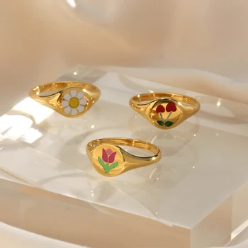 2021-koreaanse Mode-Sieraden Email Tulip Daisy Hart Cherry Patroon Zegelring Roestvrij Staal Echte Vergulde dames Ring