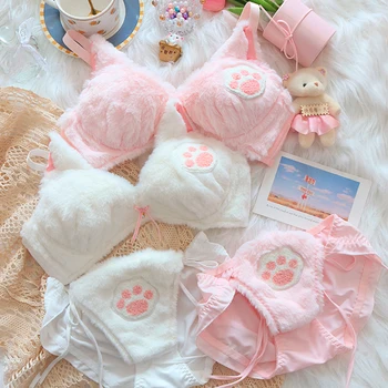 De Winter Kat Paw Pluche Ondergoed Vrouwen Comfortabele Bh en Panty Set Schattig Japans Meisje Oor Sweet Lolita Lingerie Set