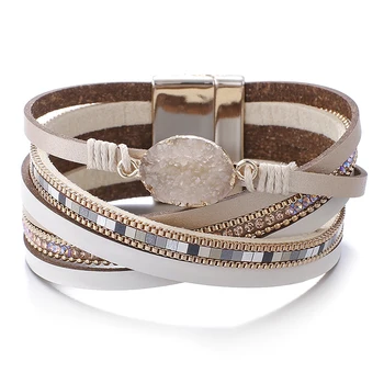 Amorcome Steen Charme Lederen Armbanden Voor Vrouwen 2022 Mode Kristal Dames Boho Multilayer Wide Wrap Armband Vrouwelijke Sieraden