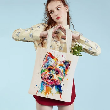 Cute Cartoon Hond Eco Shopping Bag Vrouwen Canvas Tote Handtas Herbruikbare Aquarel Dier Lady Shopper Schoudertassen