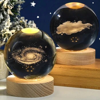 3D Crystal Ball Nacht Licht zonnestelsel Kosmische Thema LED Light Decoratie Houten Basis Astronomie Nightlights verjaardagscadeau