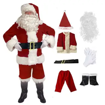Kerstman Kostuum 7PCS Kerst Compleet Dress-Up Outfit Voor Volwassenen Cosplay Santa Kostuum Met Hoed, Baard Golves Voor Mannen