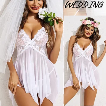 Sexy Mesh Kanten V-Hals Babydolls Plus Size Zwangerschaps-Lingerie voor Vrouwen Transparante Open voor Nachtkleding Hot Bridal Wedding Dress