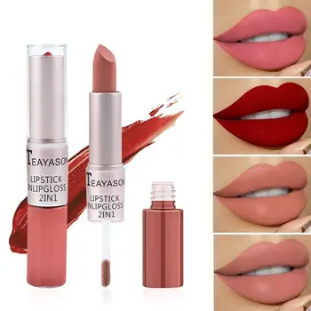 2in1 Make-up Lip Gloss, Matte Lippenstift Non-stick Cup Langdurige koreaanse Lip Glaze Cosmetica Permanente 24 Uur Waterdicht