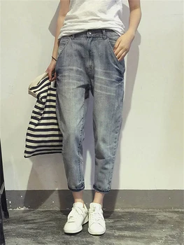16023 Vrouwen ' s Jeans Voorjaar koreaanse Stijl Losse Office Dames Streetwear Effen Kleur Licht Blauw Elastische Bleekmiddel Scratch Denim Broek