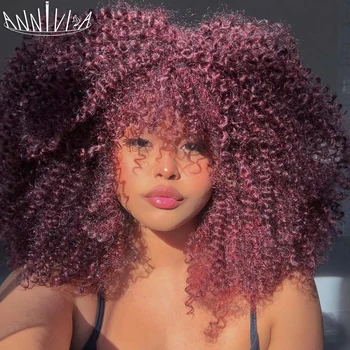 Kort Haar Afro Kinky Curly Wigs Met Een Pony Voor Zwarte Vrouwen Zachte Synthetische Afrikaanse Ombre Lijmvrije Bruin Blond Cosplay Pruiken