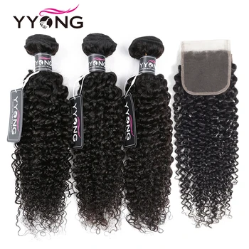 Yyong Haar Braziliaanse Kinky Curly Bundels Met Sluiting 3/4 Bundels Menselijk Haar Met Sluiting Remy Hair Weave Bundels Met Sluiting