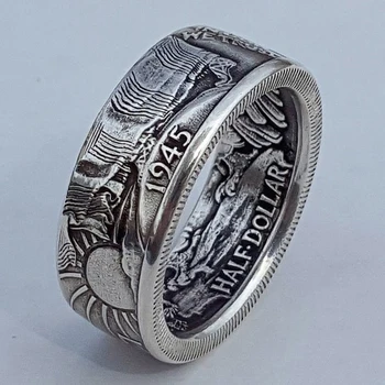Huitan Nieuwe AMERIKAANSE 1945 HALVE DOLLAR Mannen Ringen Herdenkingsmunt Cadeau voor Vriend Handgemaakte Vintage Partij Mannelijke Ring Sieraden Daling van de Scheepvaart