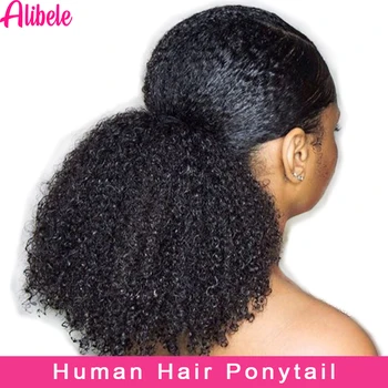Alibele Mogolian Afro Kinky Curly Koord Paardenstaart Hair Extensions 4B 4C Remy 10-28inch Lange Clip In een Paardenstaart Uitbreiding