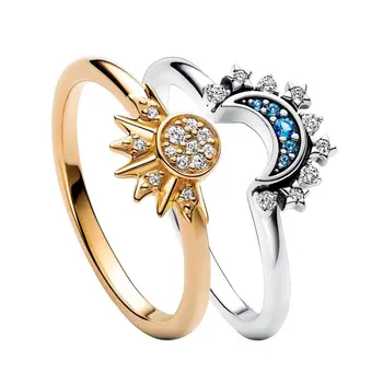 Zon en Maan Ring Sprankelende Zon Ring/Blue Moon Ring in 14 karaat Goud/Zilver Plating Vriendschap Belofte Ring Stapelbare Ringen