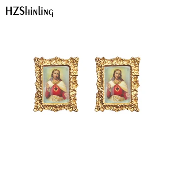 2022 Nieuwe Heilig Hart van Jezus Christus Stud oorbellen Art Schilderij Vierkante Oorbellen Retro Art Bedrukt Glas Foto Sieraden