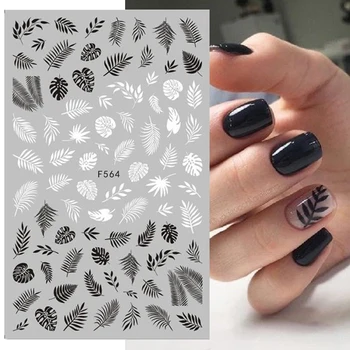 1PC Zwart-Witte Bladeren van de Bloem 3D Nail Stickers Tropische Planten, Mandala Blad Geometrie Transfer Stickers Nail Art Decoraties