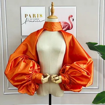 - Oranje-Goud Fashion Jacket Puffy Mouwen Mantel Korte Bolero Sjaal Hoge Hals Met Knopen Bruids Accessoires