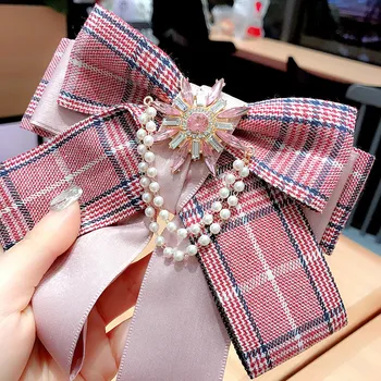 Koreaanse Mode Roze Geruite Strik voor Vrouwen Accessoires Cadeau Multi-layer Bowknot Dames Stof Pearl Strass Pinnen Broches