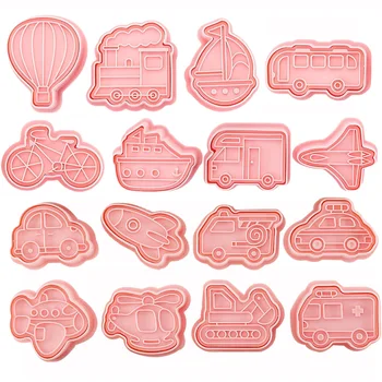 8st Auto Cartoon Cookie Postzegels Hete-lucht Ballon Schip Vliegtuig Voertuig Serie Fondant Printer Biscuit Cake Bakken Schimmels