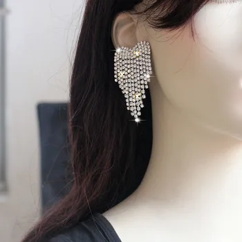 Luxe Strass Tassel Oorbellen Voor Vrouwen Elegante Grote Kristal Hart Drop Bengelen Oorbellen Bruiloft Earring Sieraden Accessoires
