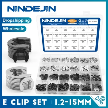 NINDEJIN E-Clip Set Veerring Sluitring Assortiment Kit in Roestvrij Staal koolstofstaal 1.2-15mm Externe Klem Voor As