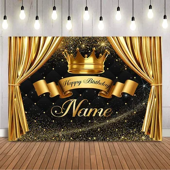 Gelukkige Verjaardag Achtergrond Royal Crown Prince Goud Glitter Foto Op De Achtergrond Gouden Gordijn Aanpassen Naam Partij Decoratie Benodigdheden