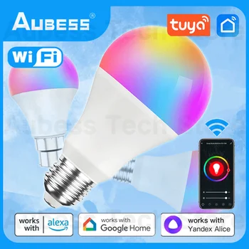 WiFi Smart Gloeilamp B22 E27 Dimbaar-Lamp RGB+CW+WW 15W Tuya Smart Life APP Stem Compatibel zijn voor de bediening van Alice Alexa Google Startpagina