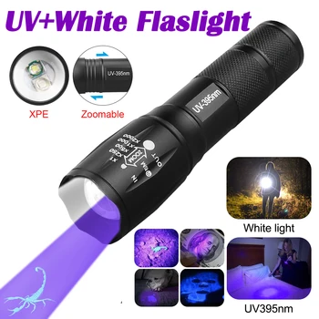 Ultraviolet UV 395nm Paars+Wit Licht, Dual-Leds Bron Zaklamp Inzoombare Outdoor Camping Fakkel UV-Pet Urine Vlekken Detector