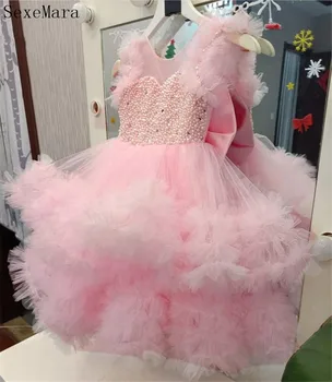 Mooie Roze Bloem Meisjes Jurken Van Tule Parels Knie-Lengte Communie Optocht Jurk Birthday Party Dress