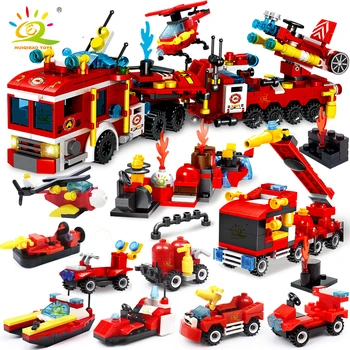 HUIQIBAO brandbestrijding Vrachtwagens Model bouwstenen Stad Vuurgevecht Team Vliegtuig, Helikopter, Auto, Boot Bakstenen Kit Speelgoed Voor Kinderen