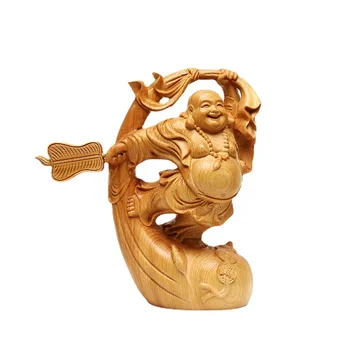 Houten Mi Lefo Lachende Boeddha figuur standbeeld Creatieve massief hout met de hand houtsnijwerk Leuke decoratie van het huis de fortune ornamenten Gave beeld