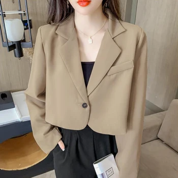 Koreaanse Mode Bijgesneden Blazers Jas Vrouwen Met Lange Mouwen Office Dames Streetwear Effen Kleur Met Één Knop Kort Jasje Nieuw