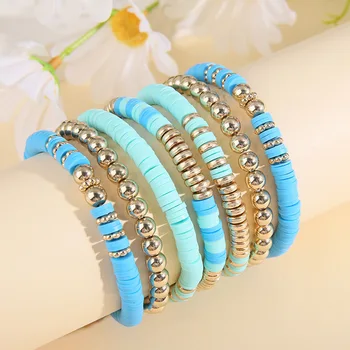 6/7pcs Boheemse Polymeer Klei Armbanden Set voor Vrouwen Multilayer Elastische Kleurrijke Kralen Armband van Fashion Jewelry Set Accessoires