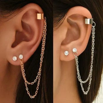 1Pcs Nieuwe Mode-Boheemse Ear Clip Oorbel voor Tieners Vrouwen Mannen Eenvoudige Nep Kraakbeen Lange Tassel Ketting Ear Cuff Sieraden